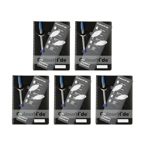 5PK Colourhide A5 Spiral Subject Book School Writing Notebook 300 Pages Black