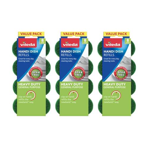 3x8pc Vileda Handi Dish Heavy Duty Refills Value Pack Durable Sponges