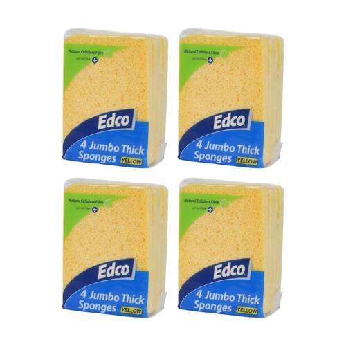 4x 4pc Edco Super Absorbent Natural Cellulose Jumbo Thick Sponges Yellow