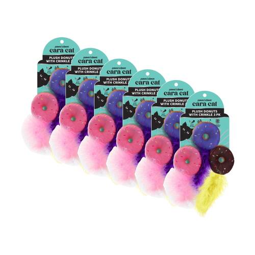 6x 3pc Paws And Claws Cara Cat Plush Donuts Crinkle Play Toy Set 6x12cm
