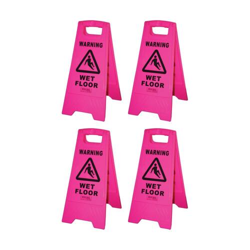 4PK Edco Lightweight & Compact Contractor Wet Floor Sign Pink 61x29x32cm