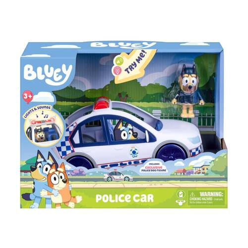 Bluey Feature-Packed Kids Police Car W/ Policeman Figure & Sticker Sheet 3y+