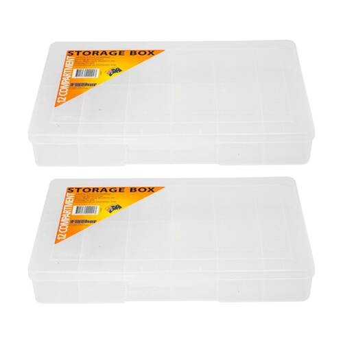2PK Fischer Plastic 12 Compartment Storage Box Large Case Clear Tool