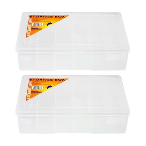 2PK Fischer Plastic 6 Compartment Storage Box Large Deep Case