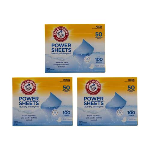 3x 50pc Arm & Hammer Laundry Detergent Power Sheets Up To 100 Loads Fresh Linen