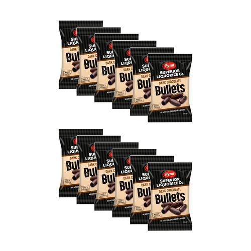 12PK Fyna Superior Liquorice Co Dark Chocolate Black Bullets 250g