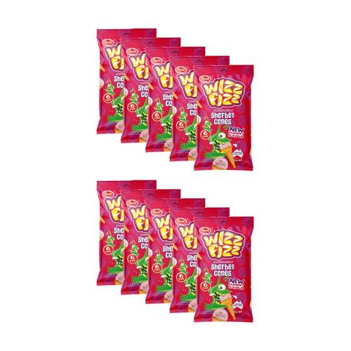 10x 6pc Wizz Fizz Raspberry Cones 84g Fruit Flavour Sour Lollies/Gummies