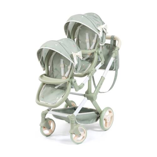 Bayer Xeo Twin Doll Pram Adjustable Handle Foldable Soft Sage Green 46cm