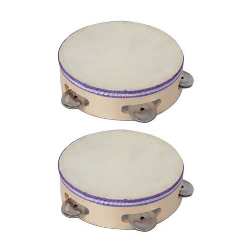 2PK Bontempi Wooden Tambourine Membrane Cymbals Realistic Sound Natural 190mm