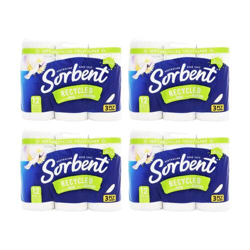 4x 12pc Sorbent Toilet Roll Paper Set 3 Ply Recycled Toilet-Paper