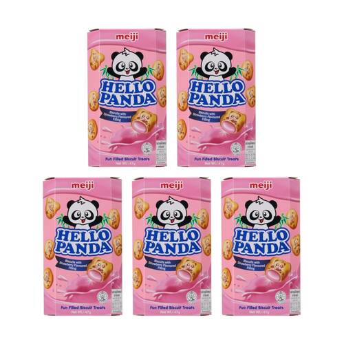 5PK Meiji Hello Panda Biscuits Strawberry Flavoured Filling Treat 47g