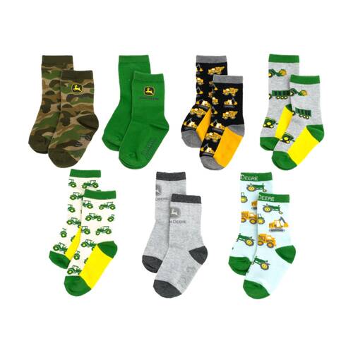 John Deere Truck 7 Pack Non-Slip Grip Crew Socks Cotton Blend 4-6 Years