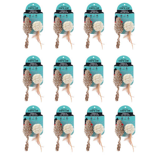 12x 2pc Paws And Claws Cara Cat Chenille Rattle Play Toy Set 7x3x3cm Assorted