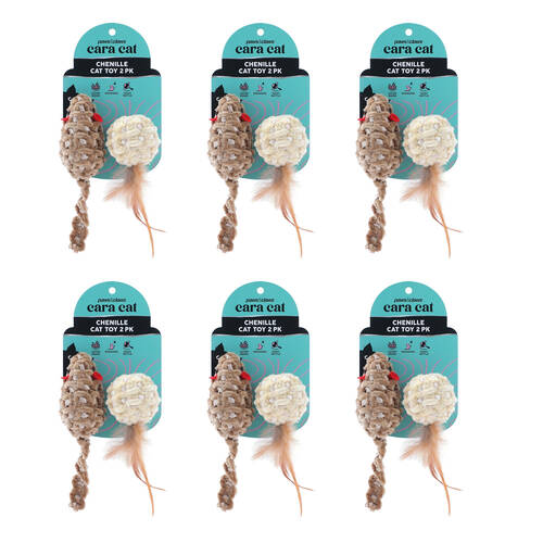 6x 2pc Paws And Claws Cara Cat Chenille Rattle Play Toy Set 7x3x3cm Assorted
