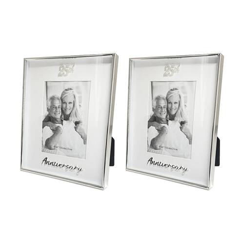 2PK Gibson Gifts Boxed Photo Frame 25th Anniversary 4x6 White Silver MDF
