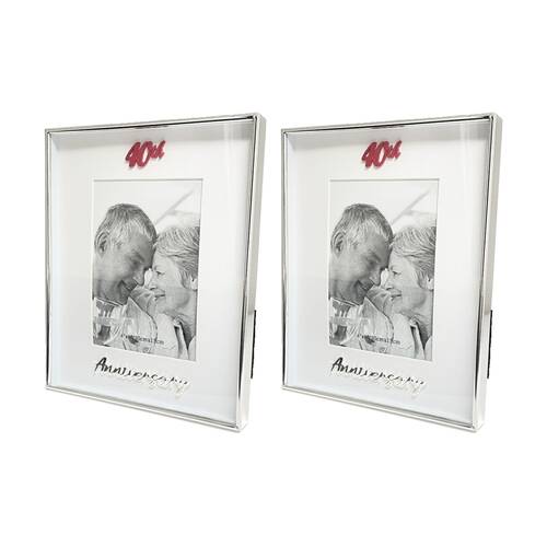 2PK Gibson Gifts Boxed Photo Frame 40th Anniversary 4x6 White Silver MDF