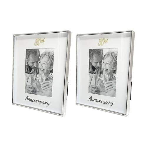 2PK Gibson Gifts Boxed Photo Frame 50th Anniversary 4x6 White Silver MDF