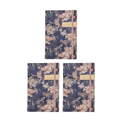 3PK Zara A5 Notebook Navy Blue Floral Design w/ Peach Accents & Elastic