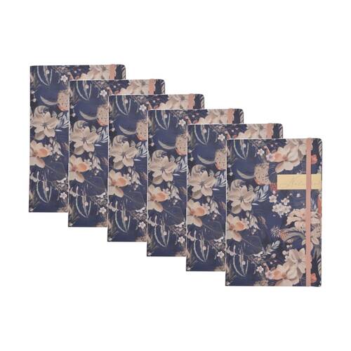 6PK Zara A5 Notebook Navy Blue Floral Design w/ Peach Accents & Elastic