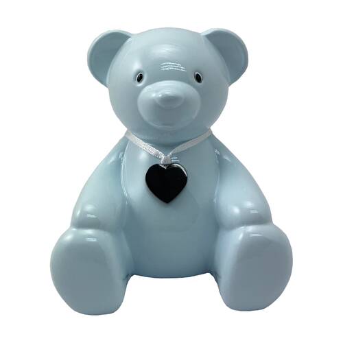 Gibson Gifts Teddy Bear Money Box Baby Blue Ceramic w/ Heart Pendant