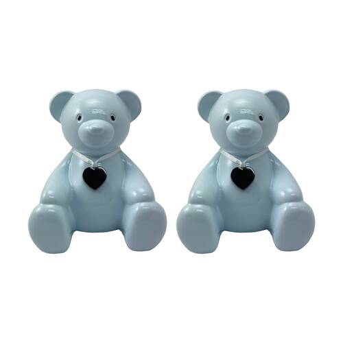 2PK Gibson Gifts Teddy Bear Money Box Baby Blue Ceramic w/ Heart Pendant