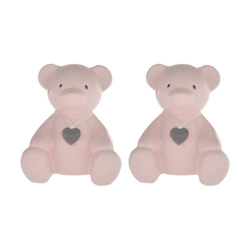 2PK Gibson Gifts Teddy Bear Money Box Blush Pink Ceramic w/ Heart Pendant