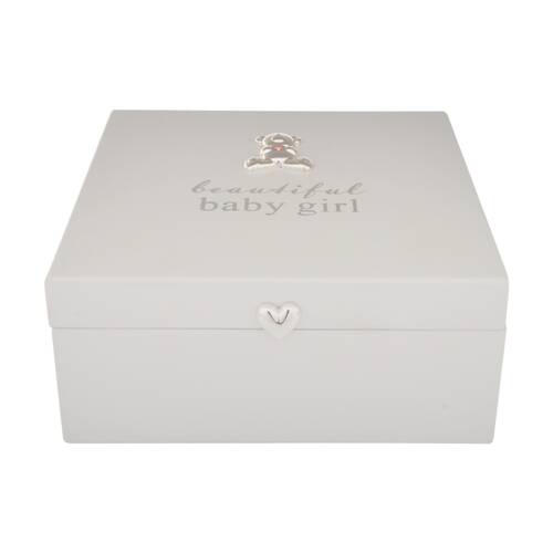 Gibson Gifts Baby Girl Keepsake Box White w/ Teddy Bear Pink Crystal