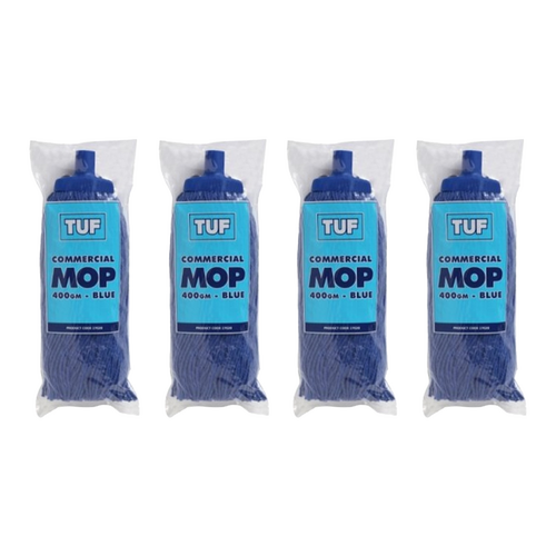 4PK TUF Heavy Duty Performance Commercial Blended Fibre Mop Blue 400gm