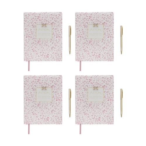 4PK Madelaine Hearts Mum Notebook And Pen Set Pink Floral w/ Gold Script