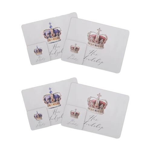 2PK 4pc Lesser & Pavey Lordship Ladyship Placemat Coaster Set White