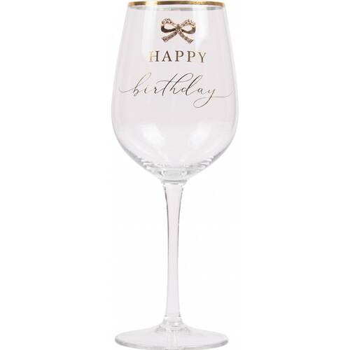 Madelaine Birthday Script Bow Champagne/Red Wine Glass Stemmed Clear Gold