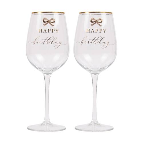2PK Madelaine Birthday Script Bow Champagne/Red Wine Glass Stemmed Clear Gold