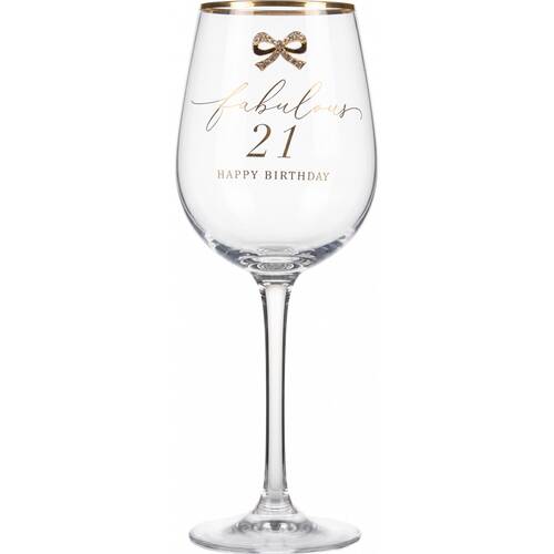 Madelaine 21st Script Bow Champagne/Red Wine Glass Stemmed Clear Gold
