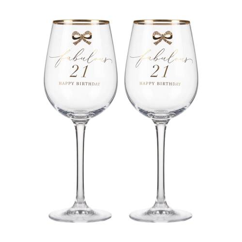 2PK Madelaine 21st Script Bow Champagne/Red Wine Glass Stemmed Clear Gold