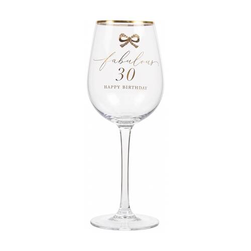 Madelaine 30th Script Bow Champagne/Red Wine Glass Stemmed Clear Gold