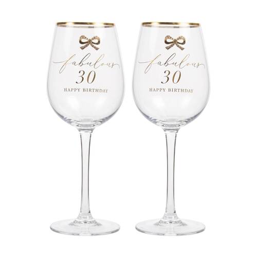 2PK Madelaine 30th Script Bow Champagne/Red Wine Glass Stemmed Clear Gold
