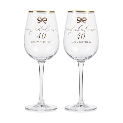 2PK Madelaine 40th Script Bow Champagne/Red Wine Glass Stemmed Clear Gold