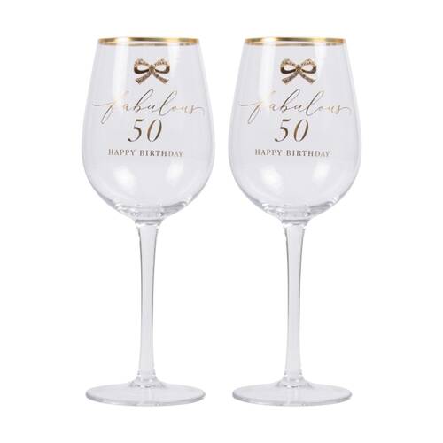2PK Madelaine 50th Script Bow Champagne/Red Wine Glass Stemmed Clear Gold