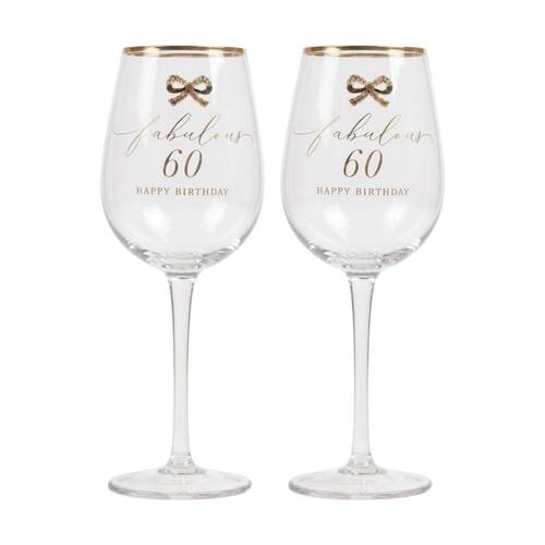 2PK Madelaine 60th Script Bow Champagne/Red Wine Glass Stemmed Clear Gold