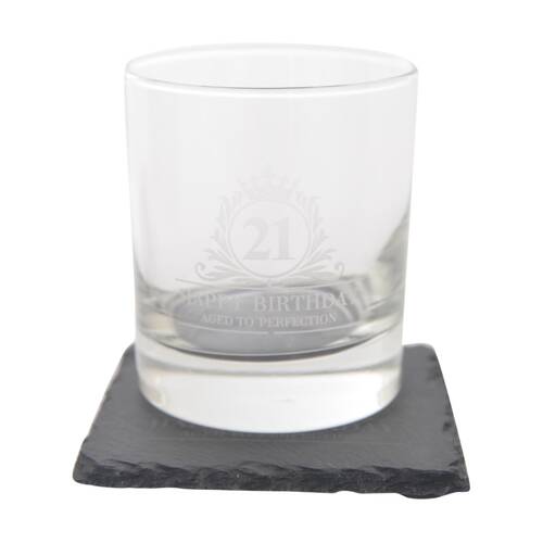Gibson Gifts 21st Birthday Glass Coaster Set Whiskey Burnt Wood