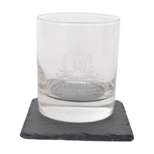 Gibson Gifts 30th Birthday Glass Coaster Set Whiskey Burnt Wood