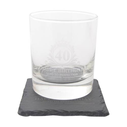 Gibson Gifts 40th Birthday Glass Coaster Set Whiskey Burnt Wood