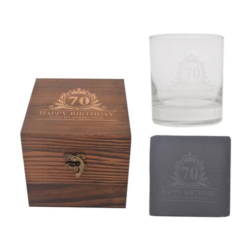 Gibson Gifts 70th Birthday Glass Coaster Set Whiskey Burnt Wood