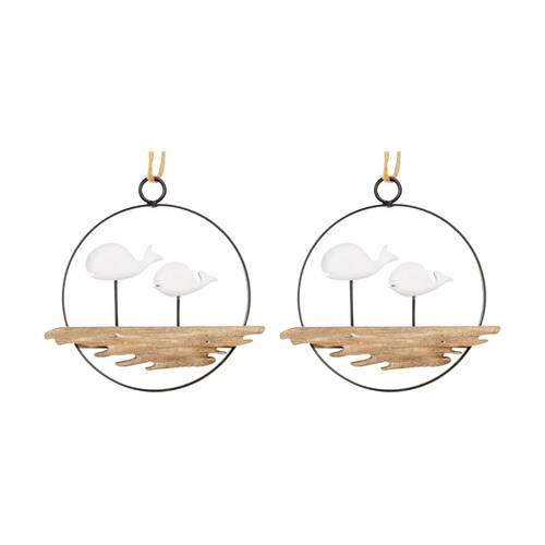 2PK 12cm Timber Ring Wall-Mount Hanging Home Decor Whale/Bird Assorted