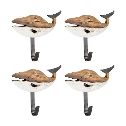 4PK Indoor/Outdoor Home Decor Timber Whale Wall-Mount Hanging Hook 14x14x4.5cm