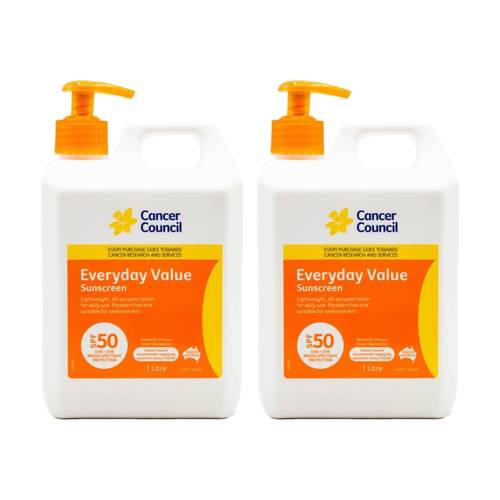 2PK Cancer Council Everyday Value Sun Protection Sunscreen SPF50 Plus W/ Pump 1L