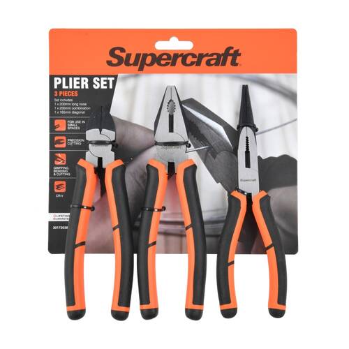 3pc Supercraft Plier Set W/ Combination/Long Nose/Diagonal Cutting Tools 200mm