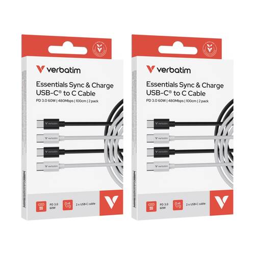 2x 2pc Verbatim Essential Cable USB-C to Phone Charging 1m Black/White
