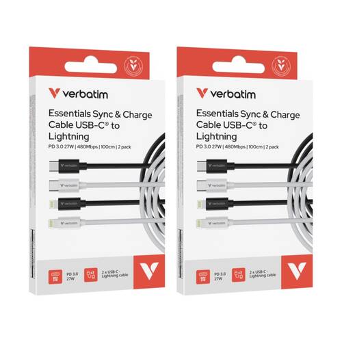 2x 2pc Verbatim Essential Cable USB-C to Lightning MFi 1m Black/White