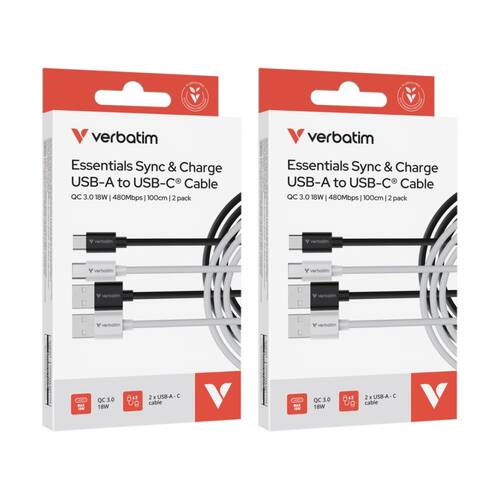 2x 2pc Verbatim Essential Cable USB-A to USB-C Phone Charging 1m Black/White